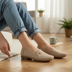 Elegant Beige Loafers for Women, size 7.5 w/ flower detail